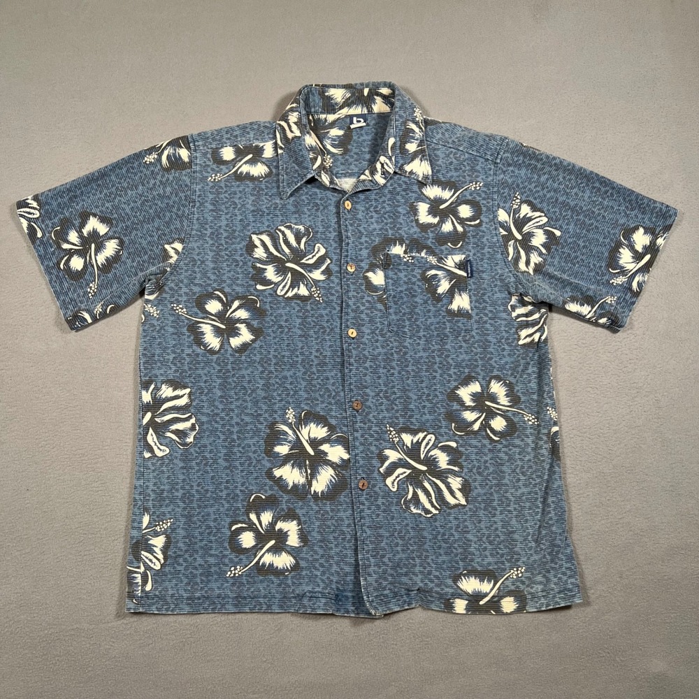 Vintage Billabong Shirt Mens Large Blue Hawaiian Floral Button Up Made‎ in USA